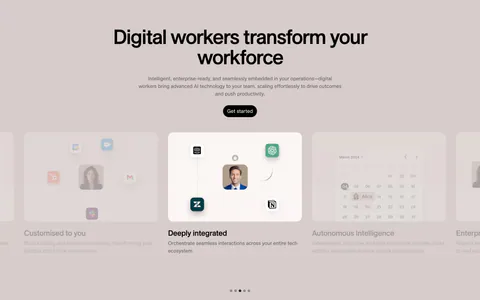 11x features section: centered headline and button above a card carousel with integration and calendar visuals and dot pagination on taupe