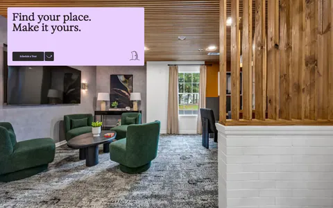 21Oaks call-to-action section: full-bleed lounge photo with a lavender card holding a serif headline and tour button