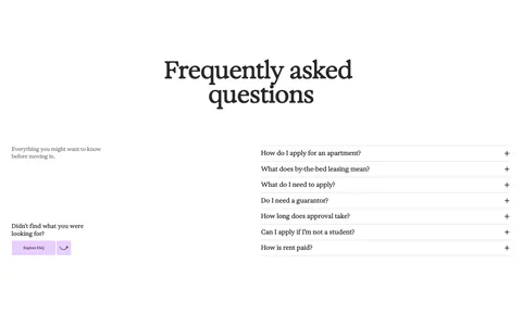 21Oaks FAQ section: centered serif heading, intro and button on the left, accordion question list on the right on white
