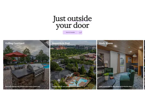 21Oaks features section: centered serif heading and button above a carousel of amenity photo cards with captions