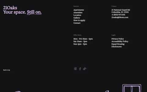 21Oaks footer section: dark background with serif wordmark, link and contact columns, and a lavender line drawing of a room