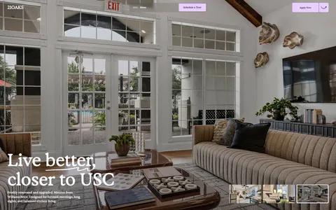 21Oaks hero section: full-bleed living room photo with serif headline bottom-left, lavender nav buttons and gallery thumbnails