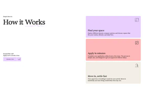 21Oaks how it works section: serif heading and tour button on the left, three stacked pastel step cards on the right