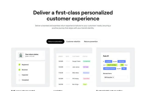 8returns features section: centered headline, segmented tab control and three cards with returns portal, logistics table and rule UI