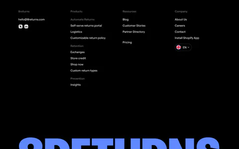 8returns footer section: black background with four link columns and a huge blue 8RETURNS wordmark cropped at the bottom