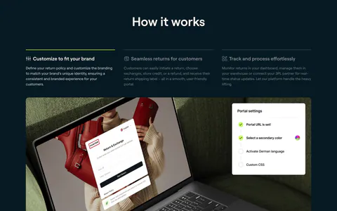 8returns how it works section: three step tabs on dark navy above a photo of a laptop showing a returns portal with a settings card