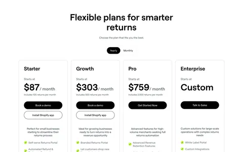 8returns pricing section: centered headline with yearly/monthly toggle above four white plan cards with prices and checklists
