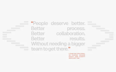 A-LIGN about & mission section: justified light gray manifesto quote with orange quote marks between stepped bar shapes on a pale background