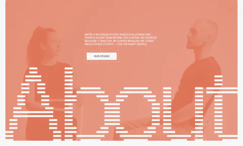 A-LIGN about & mission section: giant striped About wordmark over a coral duotone photo of two founders, short studio intro and button