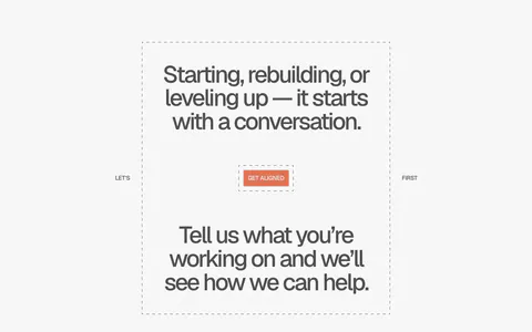 A-LIGN call to action section: centered two-part headline in a dashed frame around a small orange Get Aligned button on light gray