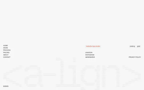 A-LIGN footer section: link list, email pill and social links above a faint full-width striped a-lign wordmark on light gray
