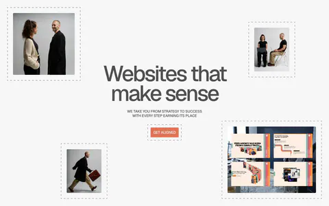 A-LIGN hero section: centered headline, subline and orange button surrounded by four dashed-frame photos of the team and a project