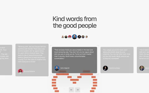 A-LIGN testimonials section: centered headline, avatar row and a quote card carousel with arrows above a pixel-style orange heart
