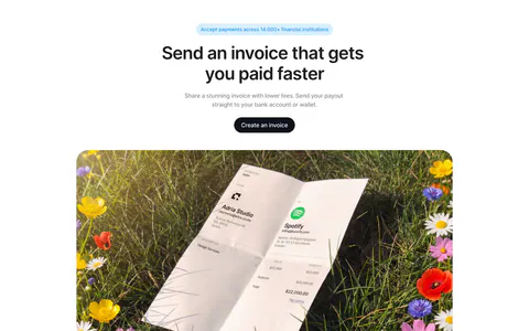 Acctual call to action section: centered headline and button above a rounded photo of a printed invoice lying in a flower meadow