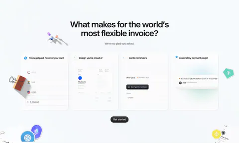 Acctual features section: centered headline above four invoice feature cards with UI snippets, surrounded by 3D clips and crypto stickers