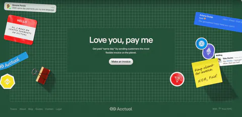 Acctual footer section: centered closing headline on a dark green grid with 3D stickers and notes, plus a link row and wordmark