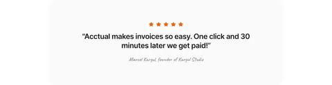Acctual testimonials section: single centered quote with five orange stars and a script attribution in a light gray rounded panel