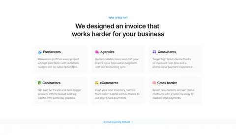 Acctual use cases section: centered headline above a 3x2 grid of audience cards for freelancers, agencies, contractors and more