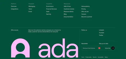 Ada footer section: deep green background with link columns, newsletter email field and a huge pink ada wordmark and logo