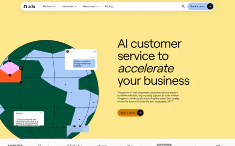 Ada hero section: illustrated globe with chat bubbles beside a large headline on yellow, with a customer logo strip below