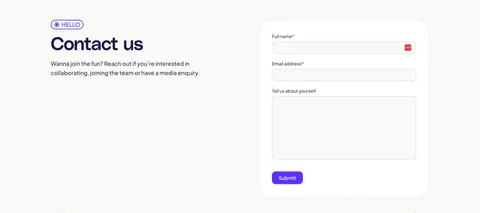 Adora contact section: headline and intro text on the left, a contact form with name, email and message fields in a card on the right