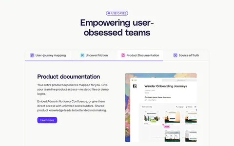 Adora features section: centered headline above a four-tab panel with text on the left and a Notion-style product screenshot on the right