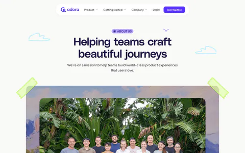 Adora hero section: floating nav, centered About us headline and a large team photo framed by painted artwork and tape