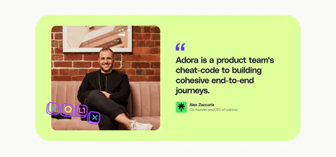 Adora testimonials section: lime card with a portrait photo on the left and a large customer quote with attribution on the right