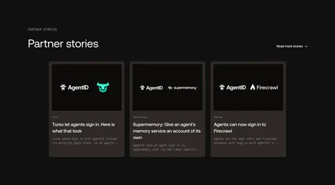 AgentID blog & resources section: dark three-card row of partner story posts with co-branded logo thumbnails and excerpts
