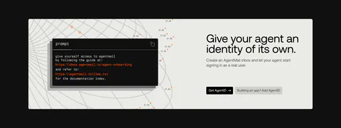 AgentID call to action section: light panel on black with a dark prompt code card left and headline, copy and two buttons right