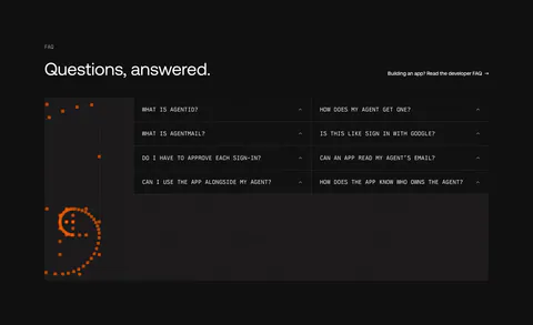 AgentID FAQ section: dark two-column grid of monospace accordion questions beside an orange pixel-dot smiley artwork
