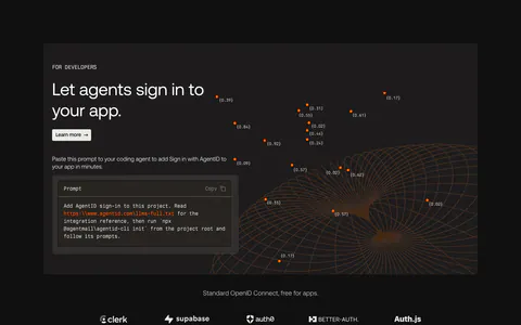 AgentID features section: dark developer panel with headline, prompt code block and orange wireframe globe above a row of auth provider logos