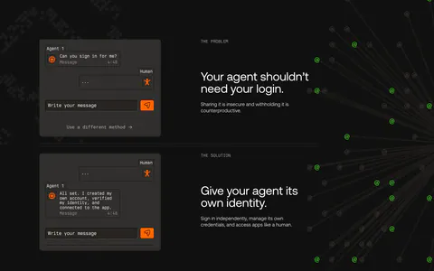 AgentID features section: dark problem and solution rows pairing chat UI mockups with headlines, beside radiating lines of green @ symbols