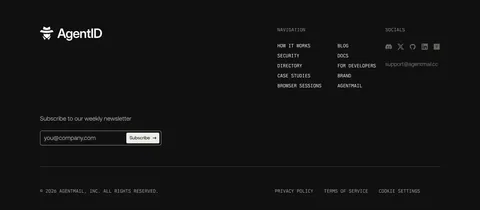 AgentID footer section: dark layout with logo, newsletter email field, monospace navigation columns, social icons and legal row