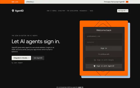AgentID hero section: dark nav, headline and two buttons left, a sign-in form mockup on an orange card right, customer logo strip below