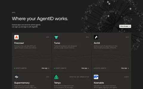 AgentID integrations section: dark six-card grid of partner apps like Firecrawl and Turso with icons, category labels and view links