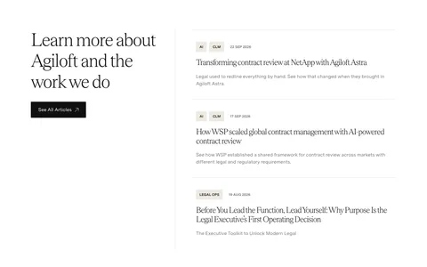 Agiloft blog & resources section: serif heading and See All Articles button left, list of three tagged article entries right