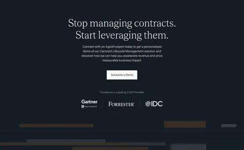 Agiloft call-to-action section: centered serif headline and Schedule a Demo button on dark navy above Gartner, Forrester and IDC logos