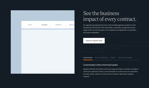 Agiloft features section: product UI frame left, serif headline, button and feature tabs right on a dark navy background