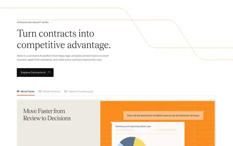 Agiloft features section: serif headline and button above numbered tabs and a pie chart UI mockup on an orange panel