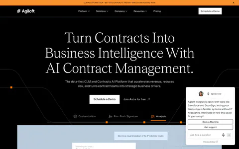 Agiloft hero section: centered serif headline on black above feature tabs, a pie chart product screenshot and a customer logo strip