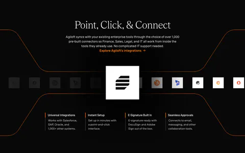 Agiloft integrations section: centered serif headline on black above a row of app icons around the Agiloft logo and four feature columns