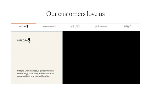 Agiloft testimonials section: customer logo tabs above a case study card, large orange retention stats and a quote with headshot