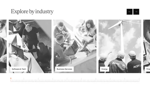 Agiloft use cases section: serif heading with arrow buttons above a carousel of grayscale industry photo cards