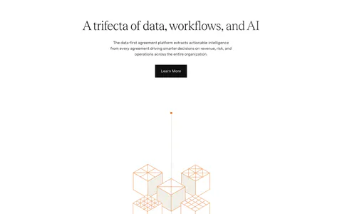 Agiloft value proposition section: centered serif headline, copy and button above an orange isometric line drawing of cubes on white