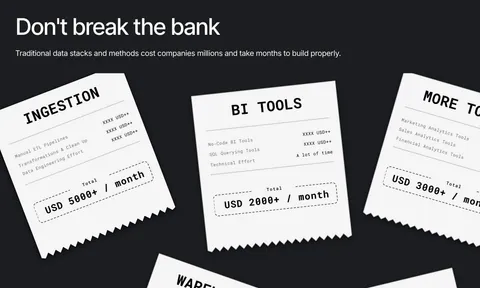 Airbook value proposition section: headline on charcoal with scattered white receipt cards listing data tool costs per month