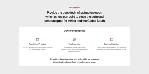 Amini about & mission section: centered mission statement above a bordered panel of three core capability columns with icons