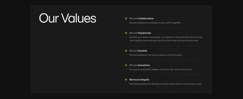 Amini value proposition section: large Our Values heading on a dark dotted panel beside a list of five values with yellow asterisks