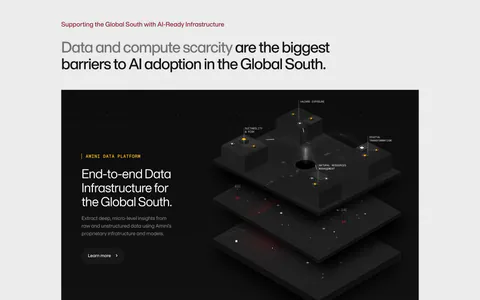 Amini features section: headline on light gray above a dark panel with text and an isometric 3D data platform render, three engine columns