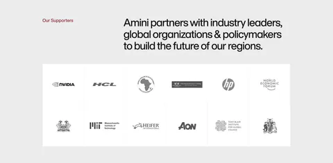 Amini logo cloud section: label and headline above a bordered two-row grid of grayscale partner and supporter logos on light gray